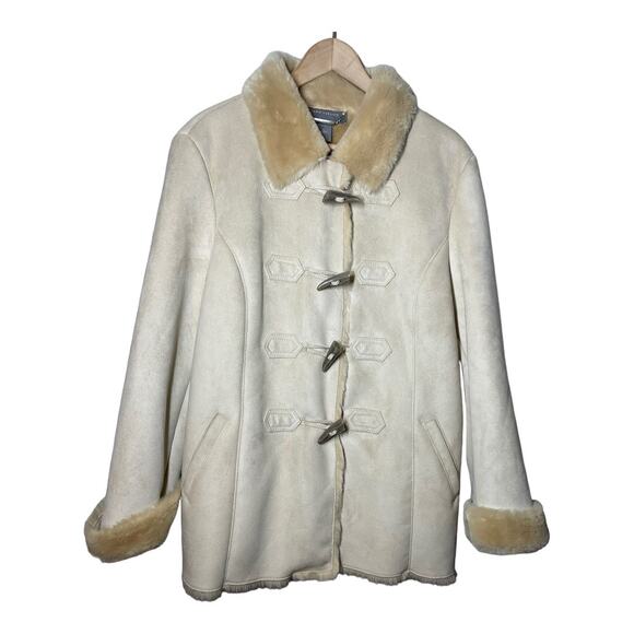 Ann Taylor Vegan Suede Fur Lined Coat Toggle Tan Neutral Cozy Jacket XL Faux - Picture 1 of 6